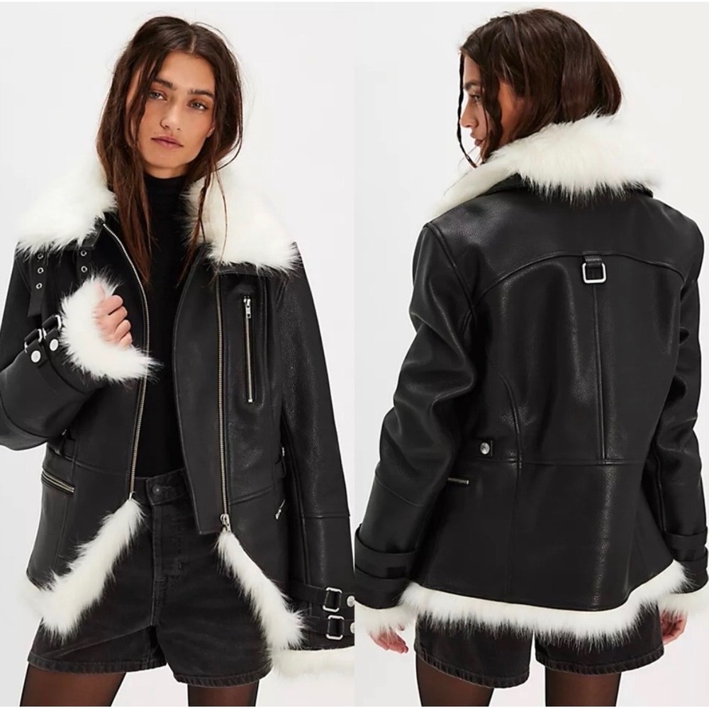 Free People We The Free Overdrive Leather Jacket L Black Moto Shearling Biker